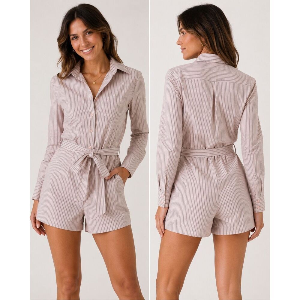 Amais Striped Belted Romper Pink Cotton Button Front Size 38 Brazil